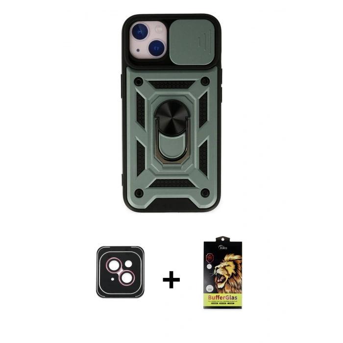 MARSİLYAN™- iPhone 14 Kılıf Ahenk Klasik - Siyah Buffer Cam Ekran Koruyucu + PVD Metal Kamera Lens - PE