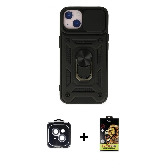MARSİLYAN™- iPhone 14 Kılıf Ahenk Klasik - Siyah Buffer Cam Ekran Koruyucu + PVD Metal Kamera Lens - SH