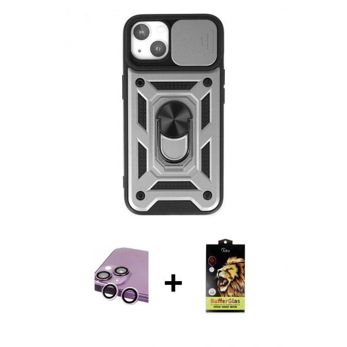 MARSİLYAN™- iPhone 14 Kılıf Ahenk Klasik - Siyah Buffer Cam Ekran Koruyucu + Raze Metal Kamera Lens - MR