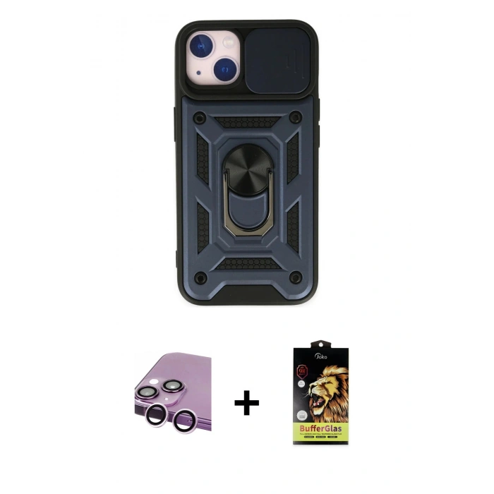 MARSİLYAN™- iPhone 14 Kılıf Ahenk Klasik - Siyah Buffer Cam Ekran Koruyucu + Raze Metal Kamera Lens - MR