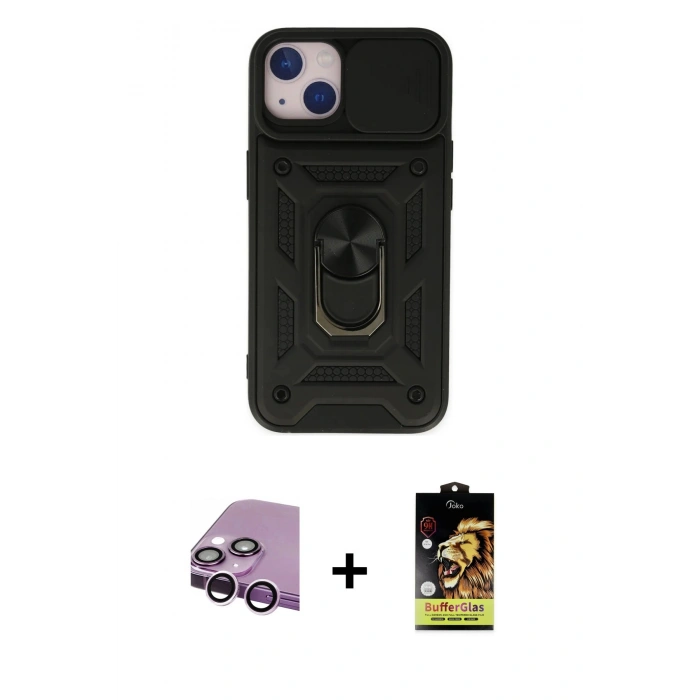 MARSİLYAN™- iPhone 14 Kılıf Ahenk Klasik - Siyah Buffer Cam Ekran Koruyucu + Raze Metal Kamera Lens - MR