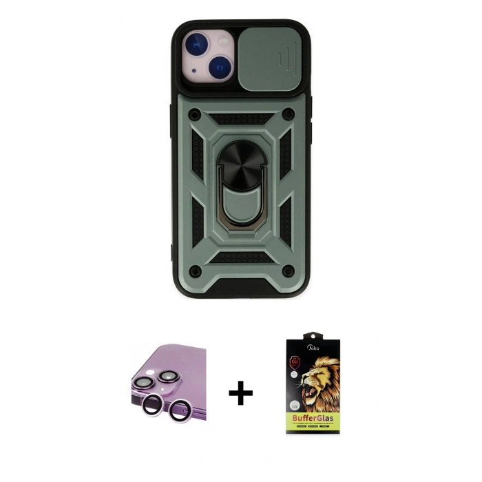 MARSİLYAN™- iPhone 14 Kılıf Ahenk Klasik - Siyah Buffer Cam Ekran Koruyucu + Raze Metal Kamera Lens - MR