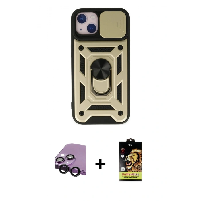 MARSİLYAN™- iPhone 14 Kılıf Ahenk Klasik - Siyah Buffer Cam Ekran Koruyucu + Raze Metal Kamera Lens - SH