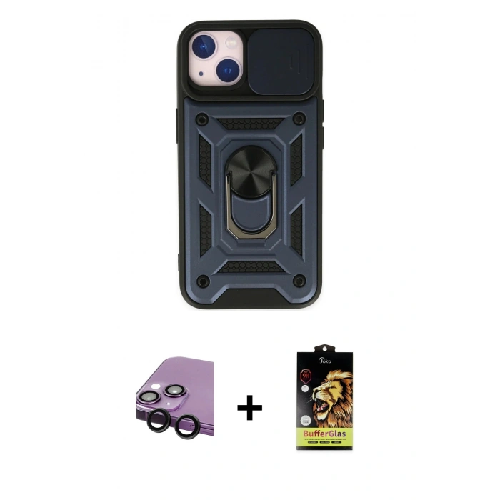 MARSİLYAN™- iPhone 14 Kılıf Ahenk Klasik - Siyah Buffer Cam Ekran Koruyucu + Raze Metal Kamera Lens - SH