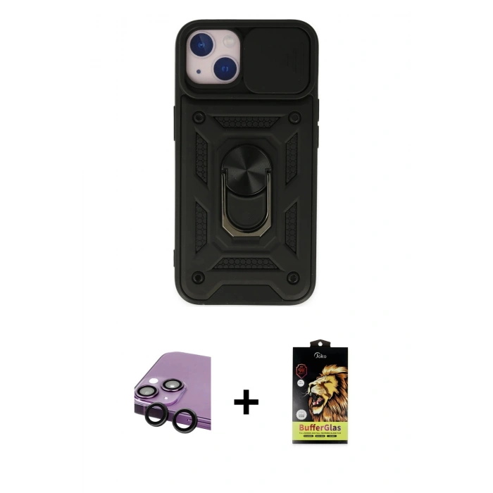 MARSİLYAN™- iPhone 14 Kılıf Ahenk Klasik - Siyah Buffer Cam Ekran Koruyucu + Raze Metal Kamera Lens - SH