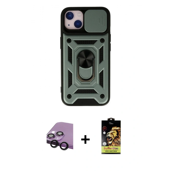 MARSİLYAN™- iPhone 14 Kılıf Ahenk Klasik - Siyah Buffer Cam Ekran Koruyucu + Raze Metal Kamera Lens - SH