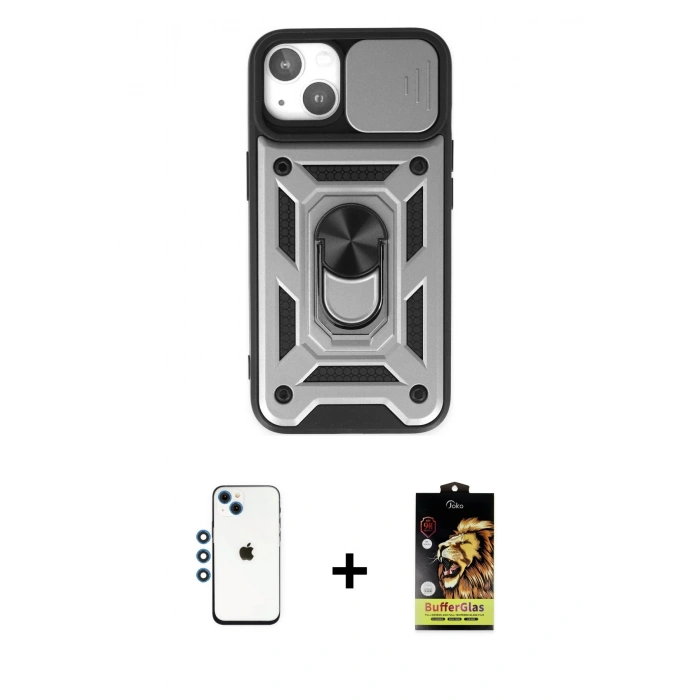 MARSİLYAN™- iPhone 14 Kılıf Ahenk Klasik - Siyah Buffer Cam Ekran Koruyucu + Shine Kamera Lens - MI