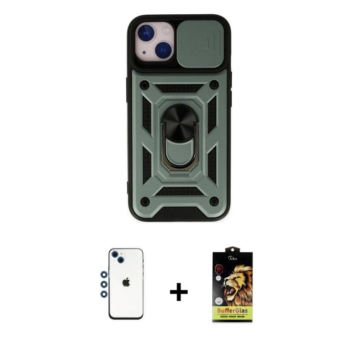 MARSİLYAN™- iPhone 14 Kılıf Ahenk Klasik - Siyah Buffer Cam Ekran Koruyucu + Shine Kamera Lens - MI