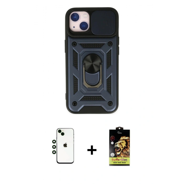 MARSİLYAN™- iPhone 14 Kılıf Ahenk Klasik - Siyah Buffer Cam Ekran Koruyucu + Shine Kamera Lens - YL