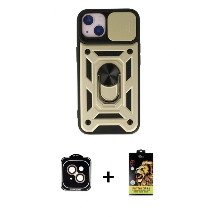 MARSİLYAN™- iPhone 14 Kılıf Ahenk Klasik - Siyah Buffer Cam Ekran Koruyucu + PVD Metal Kamera Lens - TU