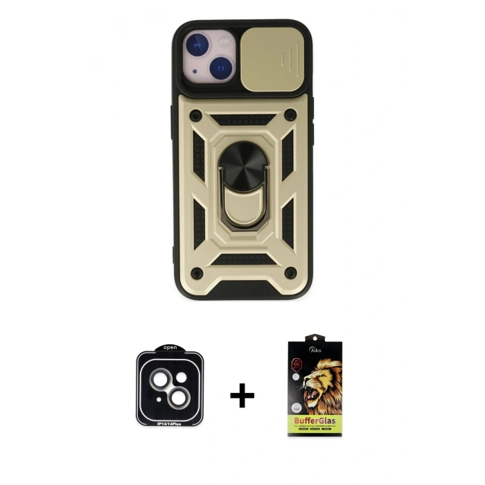 MARSİLYAN™- iPhone 14 Kılıf Ahenk Klasik - Siyah Buffer Cam Ekran Koruyucu + PVD Metal Kamera Lens - YL