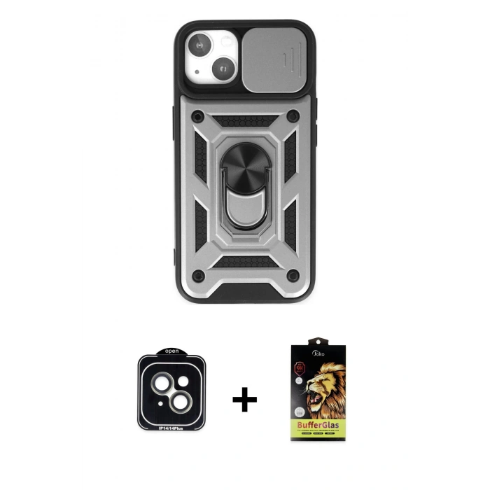MARSİLYAN™- iPhone 14 Kılıf Ahenk Klasik - Siyah Buffer Cam Ekran Koruyucu + PVD Metal Kamera Lens - YL