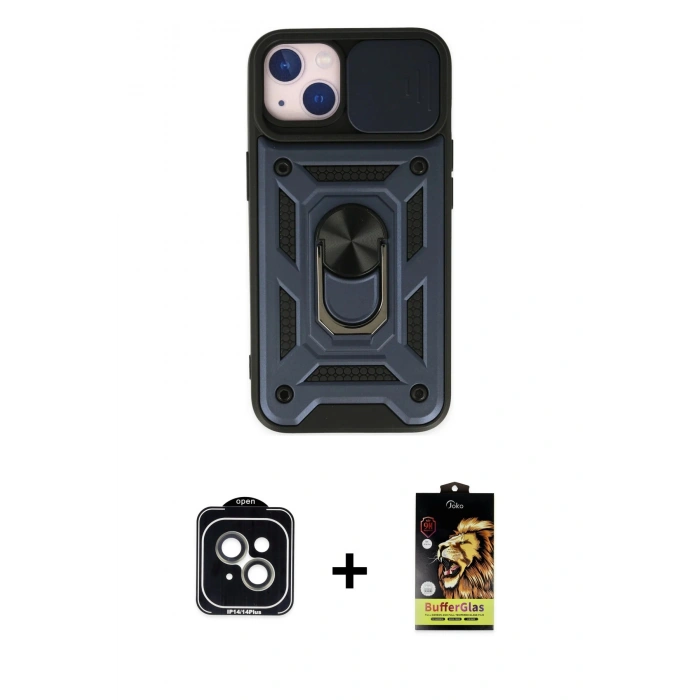 MARSİLYAN™- iPhone 14 Kılıf Ahenk Klasik - Siyah Buffer Cam Ekran Koruyucu + PVD Metal Kamera Lens - YL
