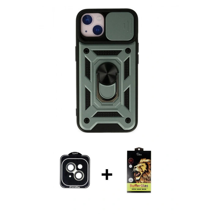 MARSİLYAN™- iPhone 14 Kılıf Ahenk Klasik - Siyah Buffer Cam Ekran Koruyucu + PVD Metal Kamera Lens - YL