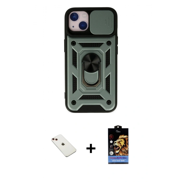 MARSİLYAN™- iPhone 14 Kılıf Ahenk Klasik - Siyah Buffer Hayalet Cam Ekran Koruyucu + Diamond Kamera Lens - KI