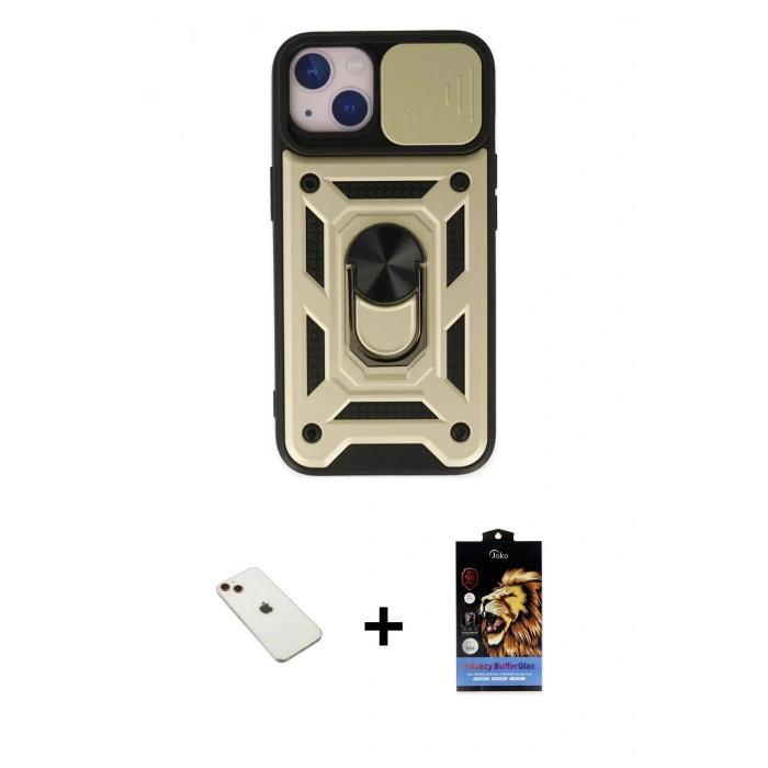MARSİLYAN™- iPhone 14 Kılıf Ahenk Klasik - Siyah Buffer Hayalet Cam Ekran Koruyucu + Diamond Kamera Lens - KI