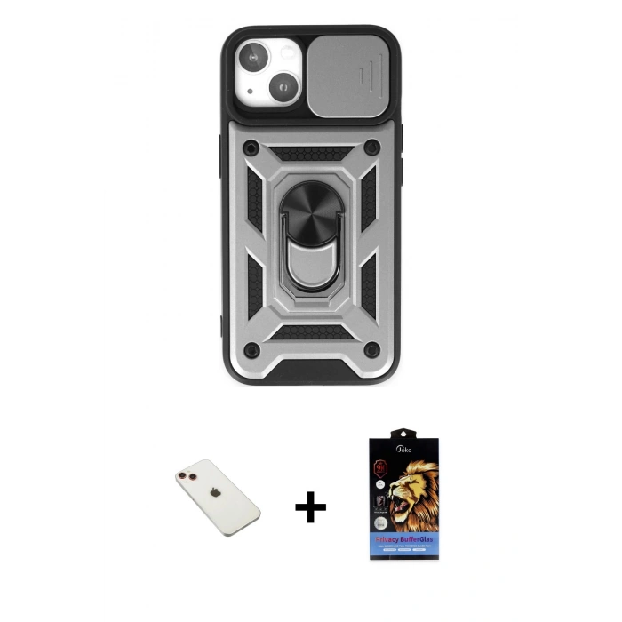 MARSİLYAN™- iPhone 14 Kılıf Ahenk Klasik - Siyah Buffer Hayalet Cam Ekran Koruyucu + Diamond Kamera Lens - KI