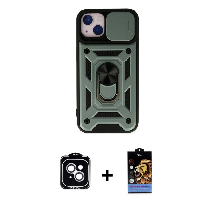 MARSİLYAN™- iPhone 14 Kılıf Ahenk Klasik - Siyah Buffer Hayalet Cam Ekran Koruyucu + PVD Metal Kamera Lens - GS