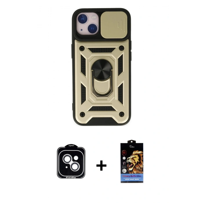 MARSİLYAN™- iPhone 14 Kılıf Ahenk Klasik - Siyah Buffer Hayalet Cam Ekran Koruyucu + PVD Metal Kamera Lens - GS