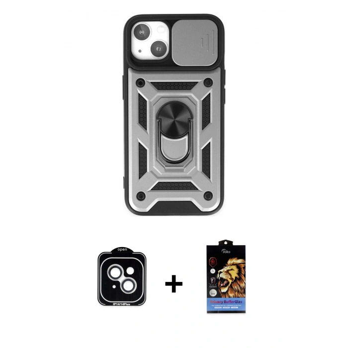 MARSİLYAN™- iPhone 14 Kılıf Ahenk Klasik - Siyah Buffer Hayalet Cam Ekran Koruyucu + PVD Metal Kamera Lens - GS