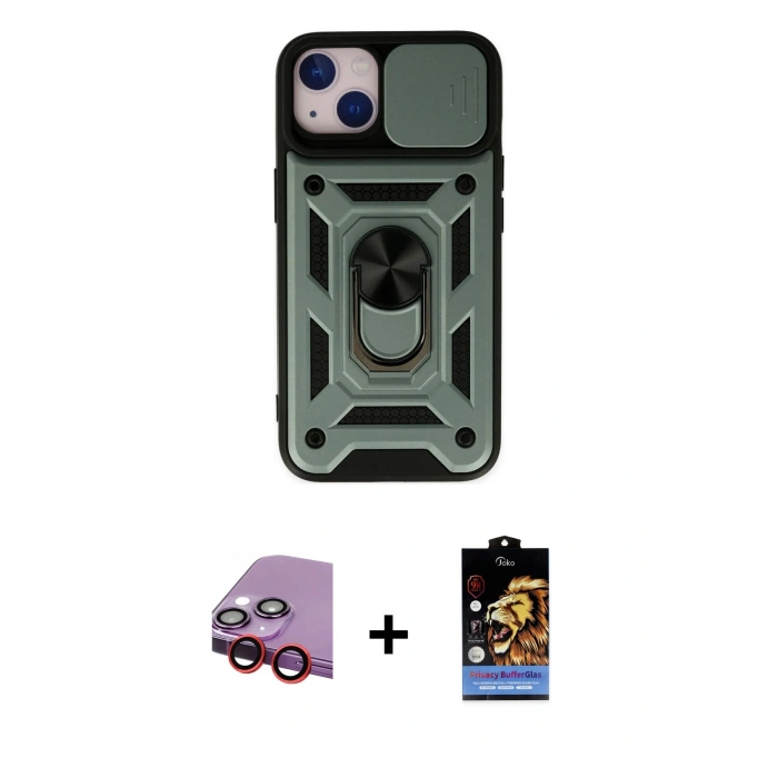 MARSİLYAN™- iPhone 14 Kılıf Ahenk Klasik - Siyah Buffer Hayalet Cam Ekran Koruyucu + Raze Metal Kamera Lens - KI