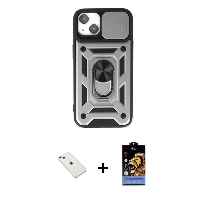 MARSİLYAN™- iPhone 14 Kılıf Ahenk Klasik - Siyah Buffer Hayalet Cam Ekran Koruyucu + Diamond Kamera Lens - PE