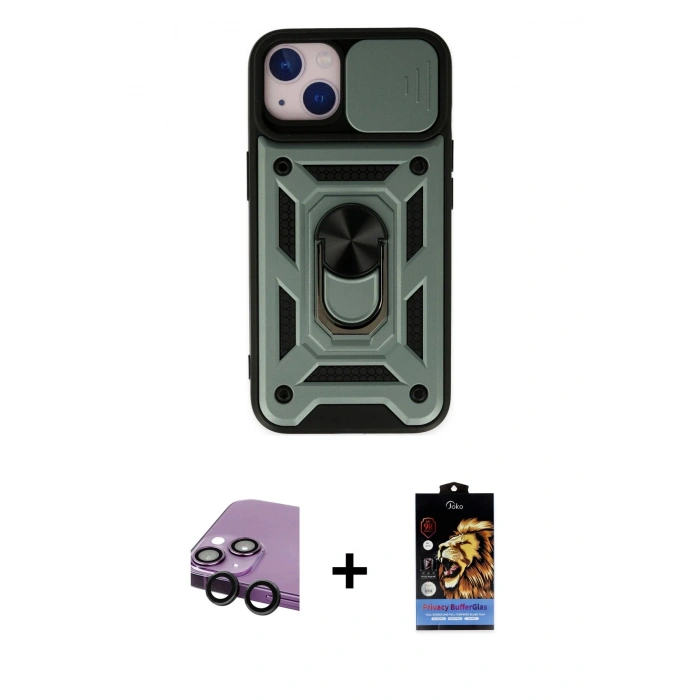 MARSİLYAN™- iPhone 14 Kılıf Ahenk Klasik - Siyah Buffer Hayalet Cam Ekran Koruyucu + Raze Metal Kamera Lens - SH