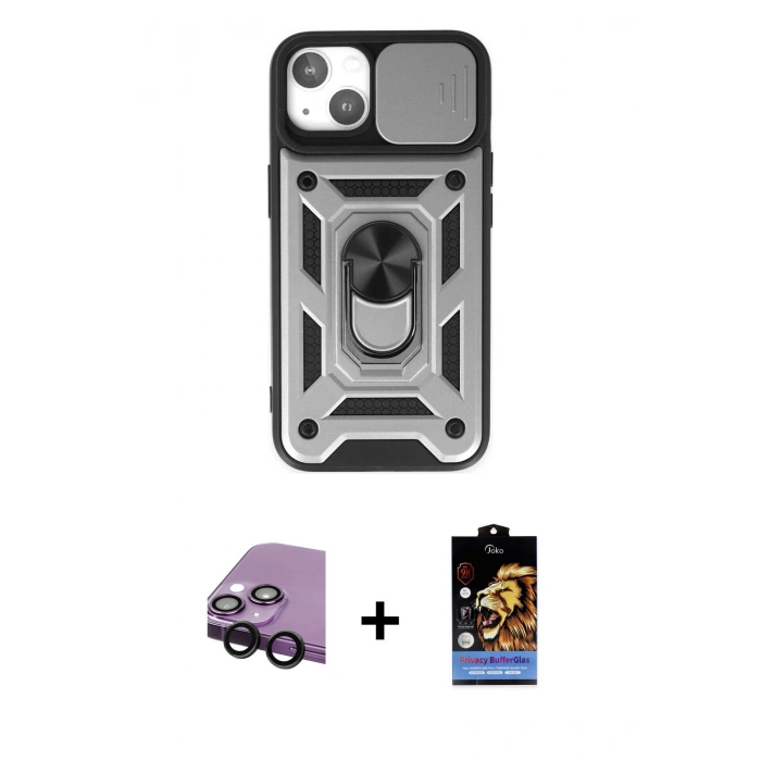 MARSİLYAN™- iPhone 14 Kılıf Ahenk Klasik - Siyah Buffer Hayalet Cam Ekran Koruyucu + Raze Metal Kamera Lens - SH