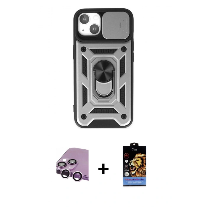MARSİLYAN™- iPhone 14 Kılıf Ahenk Klasik - Siyah Buffer Hayalet Cam Ekran Koruyucu + Raze Metal Kamera Lens - MR