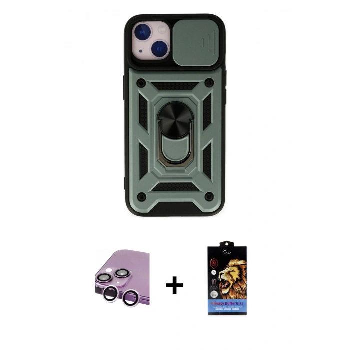 MARSİLYAN™- iPhone 14 Kılıf Ahenk Klasik - Siyah Buffer Hayalet Cam Ekran Koruyucu + Raze Metal Kamera Lens - MR