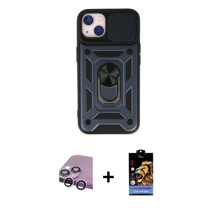 MARSİLYAN™- iPhone 14 Kılıf Ahenk Klasik - Siyah Buffer Hayalet Cam Ekran Koruyucu + Raze Metal Kamera Lens - MR
