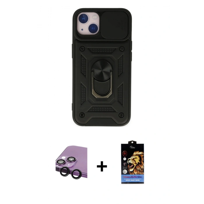 MARSİLYAN™- iPhone 14 Kılıf Ahenk Klasik - Siyah Buffer Hayalet Cam Ekran Koruyucu + Raze Metal Kamera Lens - SH