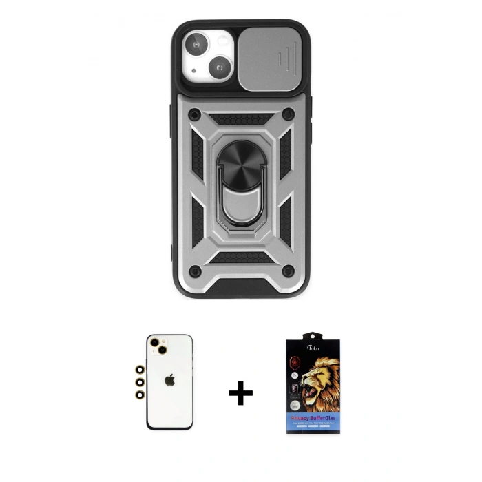 MARSİLYAN™- iPhone 14 Kılıf Ahenk Klasik - Siyah Buffer Hayalet Cam Ekran Koruyucu + Shine Kamera Lens - GD