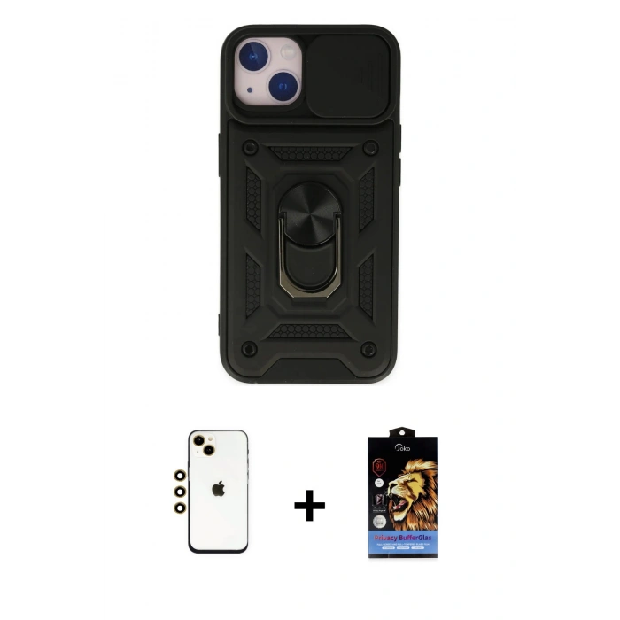MARSİLYAN™- iPhone 14 Kılıf Ahenk Klasik - Siyah Buffer Hayalet Cam Ekran Koruyucu + Shine Kamera Lens - GD