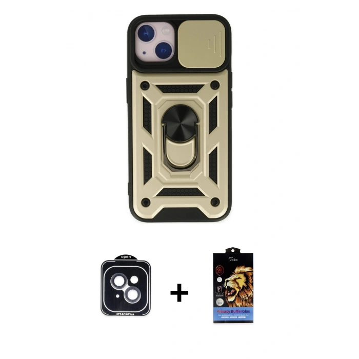 MARSİLYAN™- iPhone 14 Kılıf Ahenk Klasik - Siyah Buffer Hayalet Cam Ekran Koruyucu + Siyah PVD Metal Kamera Lens