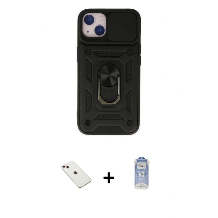 MARSİLYAN™- iPhone 14 Kılıf Ahenk Klasik - Siyah Joko Magic 5D Cam + Diamond Kamera Lens - KI