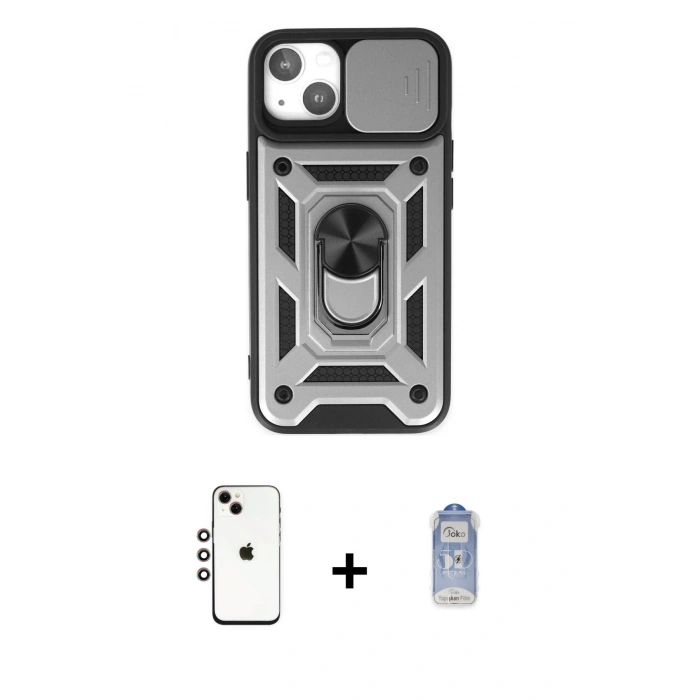 MARSİLYAN™- iPhone 14 Kılıf Ahenk Klasik - Siyah Joko Magic 5D Cam + Gökkuşağı Shine Kamera Lens