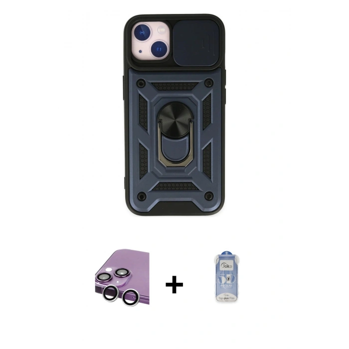 MARSİLYAN™- iPhone 14 Kılıf Ahenk Klasik - Siyah Joko Magic 5D Cam + Gümüş Raze Metal Kamera Lens