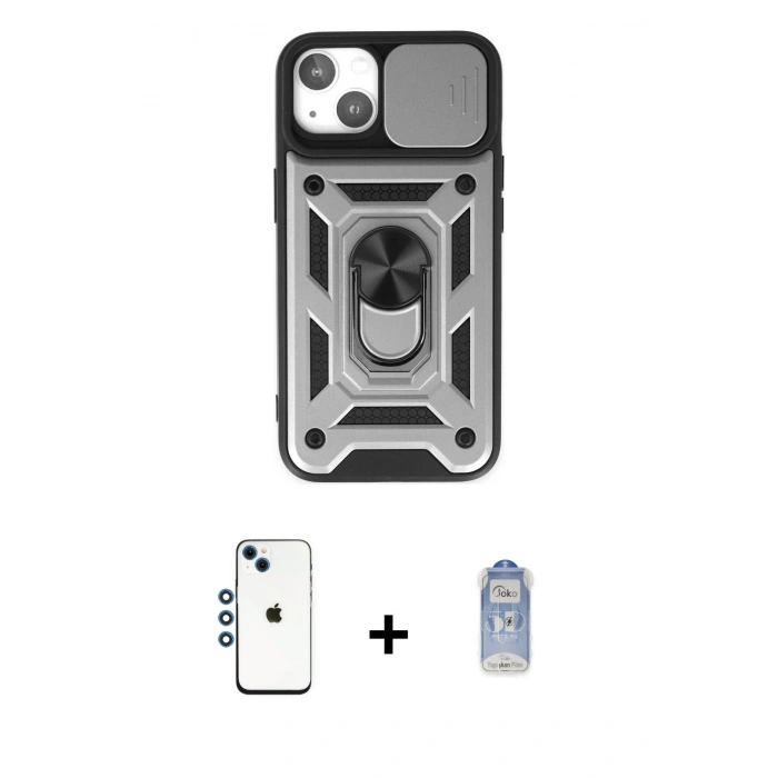 MARSİLYAN™- iPhone 14 Kılıf Ahenk Klasik - Siyah Joko Magic 5D Cam + Mavi Shine Kamera Lens