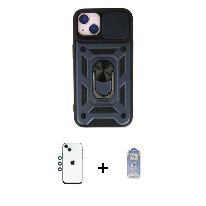 MARSİLYAN™- iPhone 14 Kılıf Ahenk Klasik - Siyah Joko Magic 5D Cam + Mavi Shine Kamera Lens