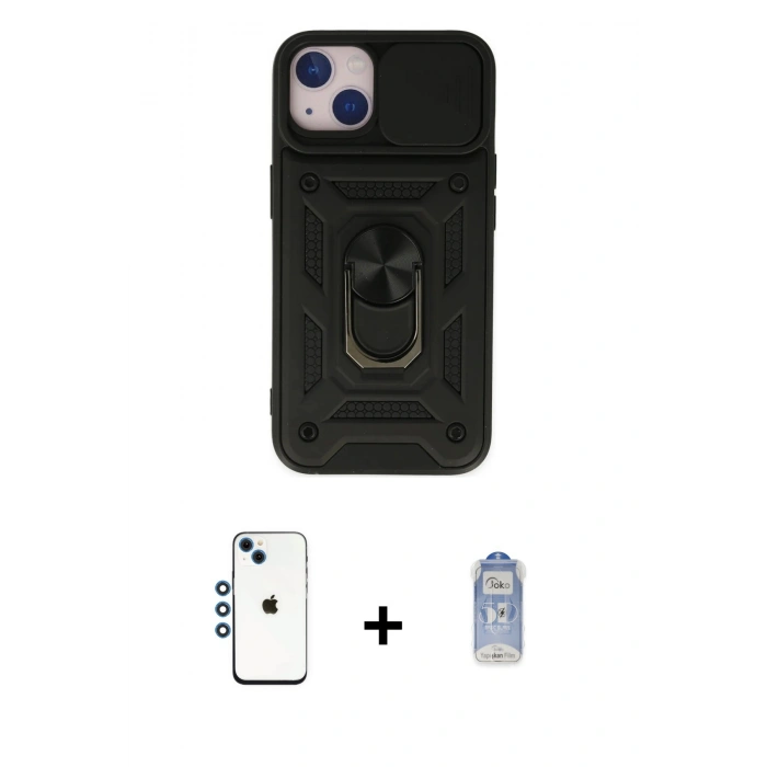 MARSİLYAN™- iPhone 14 Kılıf Ahenk Klasik - Siyah Joko Magic 5D Cam + Mavi Shine Kamera Lens