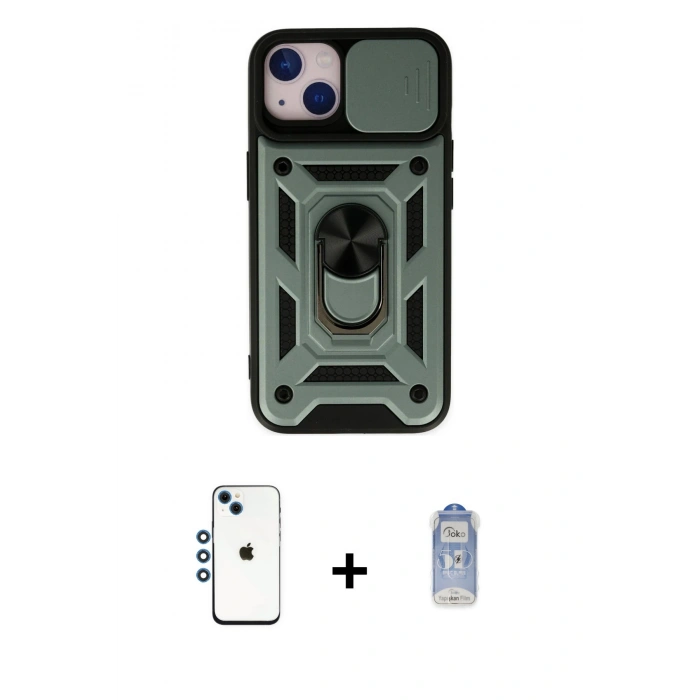 MARSİLYAN™- iPhone 14 Kılıf Ahenk Klasik - Siyah Joko Magic 5D Cam + Mavi Shine Kamera Lens