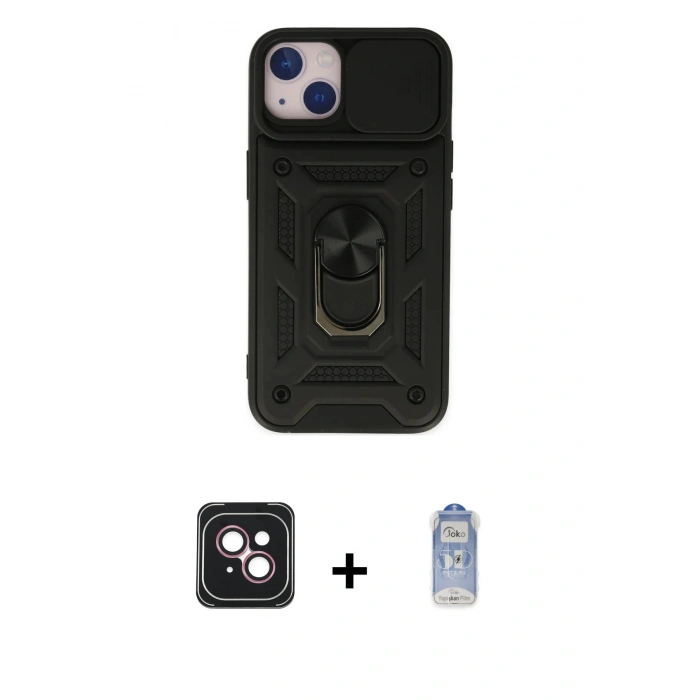 MARSİLYAN™- iPhone 14 Kılıf Ahenk Klasik - Siyah Joko Magic 5D Cam + PVD Metal Kamera Lens - PE