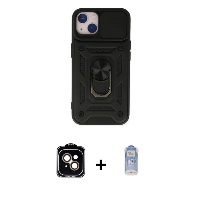 MARSİLYAN™- iPhone 14 Kılıf Ahenk Klasik - Siyah Joko Magic 5D Cam + PVD Metal Kamera Lens - TU