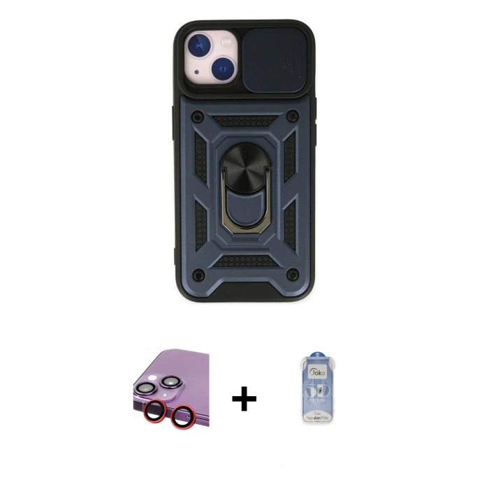 MARSİLYAN™- iPhone 14 Kılıf Ahenk Klasik - Siyah Joko Magic 5D Cam + Raze Metal Kamera Lens - KI