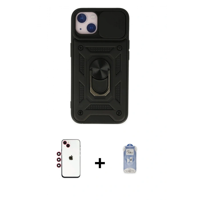 MARSİLYAN™- iPhone 14 Kılıf Ahenk Klasik - Siyah Joko Magic 5D Cam + Shine Kamera Lens - KI