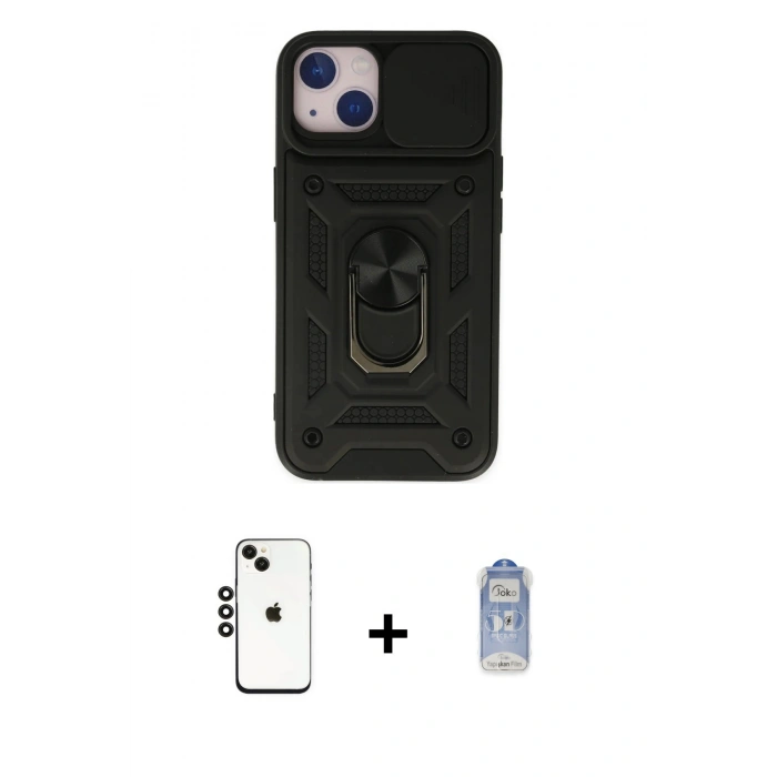 MARSİLYAN™- iPhone 14 Kılıf Ahenk Klasik - Siyah Joko Magic 5D Cam + Shine Kamera Lens - SH