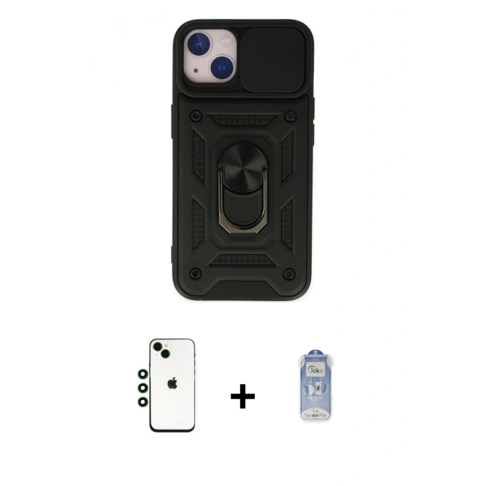 MARSİLYAN™- iPhone 14 Kılıf Ahenk Klasik - Siyah Joko Magic 5D Cam + Shine Kamera Lens - YL