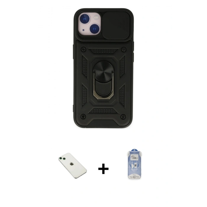 MARSİLYAN™- iPhone 14 Kılıf Ahenk Klasik - Siyah Joko Magic 5D Cam + Diamond Kamera Lens - YL