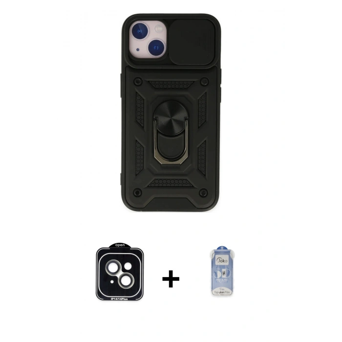 MARSİLYAN™- iPhone 14 Kılıf Ahenk Klasik - Siyah Joko Magic 5D Cam + PVD Metal Kamera Lens - YL